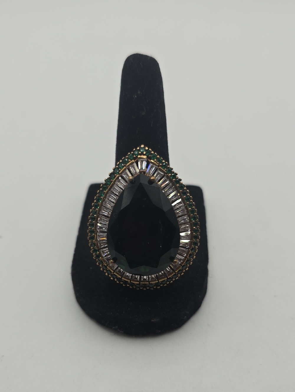 Sterling Silver Emerald Colored Crystal Teardrop Statement Cocktail Ring